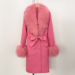 Long Double-faced Wool Coat With A Shearling Collar - Rose Red, S