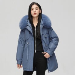 Mid-length Versatile Cotton Coat That Hits Below The Knee With A Fur-trimmed Collar - Haze Blue, M