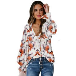 Shiying Autumn Lightweight Floral Chiffon Blouse With Long Sleeves - White With Printed Pattern, S