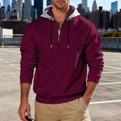 Light-luxury Commuter-style Long-sleeve Hoodie With A Stand-up Collar - Wine Red, 3XL