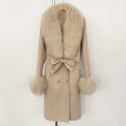 Long Double-faced Wool Coat With A Shearling Collar - Khaki, S