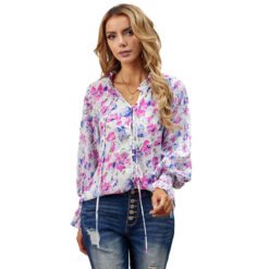 Shiying Autumn Lightweight Floral Chiffon Blouse With Long Sleeves - Rose Red, S