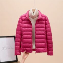 Womens Lightweight Padded Short Down Jacket - Rose Red Stand Collar, M