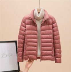 Womens Lightweight Padded Short Down Jacket - Pink Stand Collar, 7XL