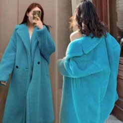 Womens Long Cashmere-Like Coat - Lake Blue, 2XL