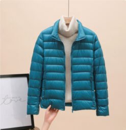 Womens Lightweight Padded Short Down Jacket - Lake Blue Stand Collar, XL