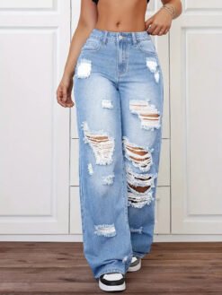Trendy Washed Ripped Straight Jeans For Women - Blue, XL