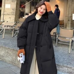 Womens Fashionable Knitted Long Cotton Coat With A Turn-Down Collar - Black, S