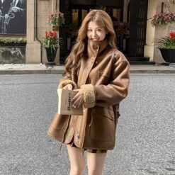 Thickened Lambskin Coat With Integrated Fur Lining - Brown, L