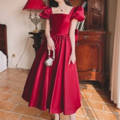 Winter Wine Red Engagement Daily French Princess On The Run Satin Dress - Wine Red Mid Length, S