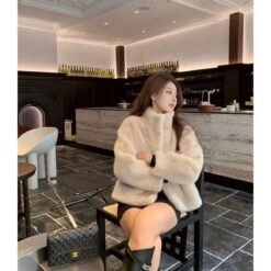 Womens Stylish Loose-fitting Fur-trimmed Collar Coat - Apricot, L