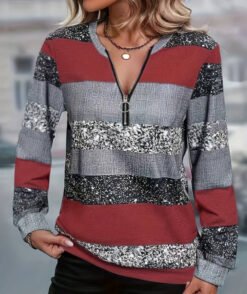 Womens FallWinter Crew-Neck Printed Loose-Fit Zip-Up Hoodie With Long Sleeves - NLW04347, XL