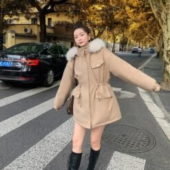 Womens Stylish Casual Loose-fitting Cotton-padded Coat - Khaki, M