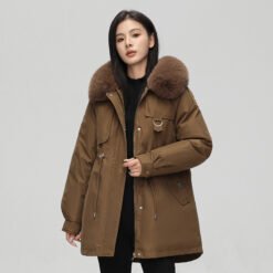 Mid-length Versatile Cotton Coat That Hits Below The Knee With A Fur-trimmed Collar - Coffee, M