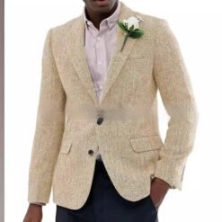 Mens Brown And Gray Herringbone Wool Suit Jacket - Champagne, XXS