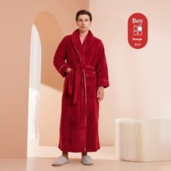 Autumn And Winter Thickened Cotton Velvet Nightgown Men's Winter Plus-sized Plus Size Light Luxury Couple Bathrobe Women's Extended Pajamas - 2102 Angola Red Men, XXXL