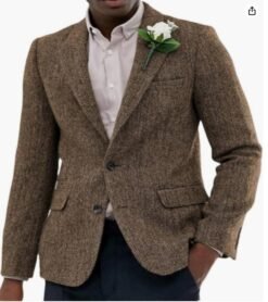 Mens Brown And Gray Herringbone Wool Suit Jacket - Brown, 4XL