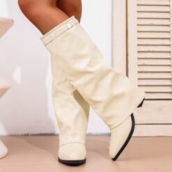 Autumn Chunky-Heel Plus-Size British-Style Over-the-Knee Boots - Beige Cloth Cover, 38