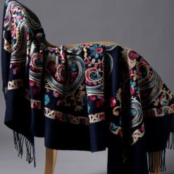 Embroidered Ethnic-Style Great Wall Cashew-Pattern Embroidery Cashmere Scarf - Navy Blue, 200cm