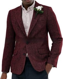Mens Brown And Gray Herringbone Wool Suit Jacket - Wine Red, 3XL