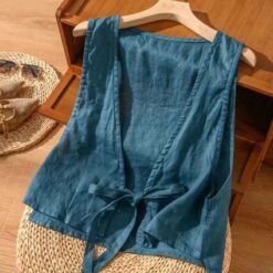 Versatile Ethnic-Style Cotton-Linen Solid-Color Lace-Up Vest Top For Women - Blue, M