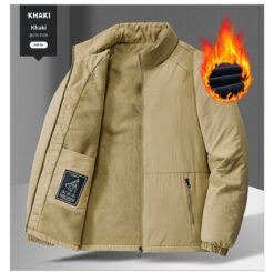 Mens Casual Padded Stand-collar Sports Jacket - Khaki Plus Velvet, 3XL