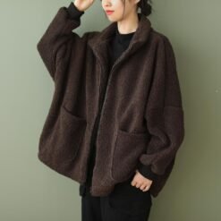 Plus-size Loose-fitting Long-sleeve Womens Casual Lambswool Coat
