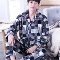 Men's Winter Suit Home Service Plus Size Flannel - Horizontal and vertical grid, XL