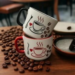 Set Of 2 Handmade Ceramic Mugs With Coffee-Themed Hand-Painted Designs - Default