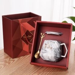 Gift Box With Lid Ceramic Mug With Spoon - Gray Wine Red Box, 301 400ml