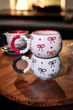 Set Of 2 Ceramic Mugs 145ml For Coffee With Knit Texture