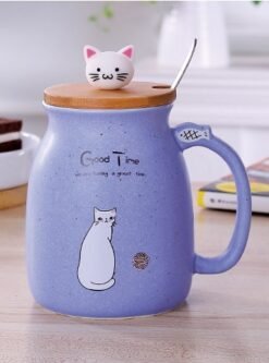 450ml Cartoon Ceramics Cat Mug With Lid and Spoon Coffee Milk Tea Mugs Breakfast Cup Drinkware Novelty Gifts - Purple