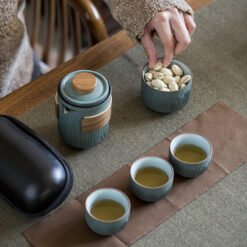 Alternative view of Bluestone Glaze Striped Quick Guest Cup One Pot Two Cups Four Cups Ceramic Travel Portable Tea Set Outdoor