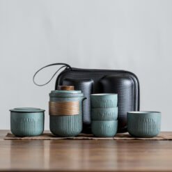 Bluestone Glaze Striped Quick Guest Cup One Pot Two Cups Four Cups Ceramic Travel Portable Tea Set Outdoor - D