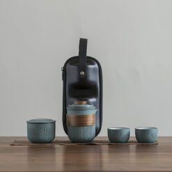 Bluestone Glaze Striped Quick Guest Cup One Pot Two Cups Four Cups Ceramic Travel Portable Tea Set Outdoor - C