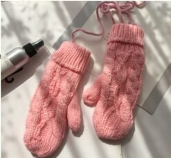 Korean Twist Double Thickening Fashion Hanging Neck Woolen Gloves Mittens Knitted Gloves Women Winter Korean Cute - Light pink, One size
