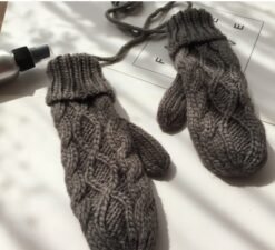 Korean Twist Double Thickening Fashion Hanging Neck Woolen Gloves Mittens Knitted Gloves Women Winter Korean Cute - Light Grey, One size