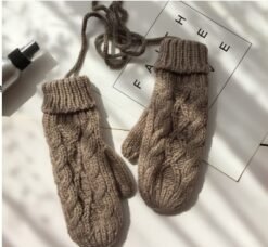 Korean Twist Double Thickening Fashion Hanging Neck Woolen Gloves Mittens Knitted Gloves Women Winter Korean Cute - Light coffee, One size