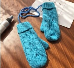 Korean Twist Double Thickening Fashion Hanging Neck Woolen Gloves Mittens Knitted Gloves Women Winter Korean Cute - Light blue, One size
