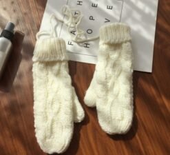Korean Twist Double Thickening Fashion Hanging Neck Woolen Gloves Mittens Knitted Gloves Women Winter Korean Cute - White, One size