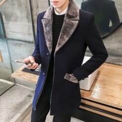 Mid-length fur collar plus size men's slim-fit woolen coat - Blue, XL