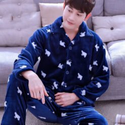 Men's Winter Suit Home Service Plus Size Flannel - Navy Big Bear Male Cardigan, 3XL