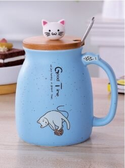 450ml Cartoon Ceramics Cat Mug With Lid and Spoon Coffee Milk Tea Mugs Breakfast Cup Drinkware Novelty Gifts - Blue