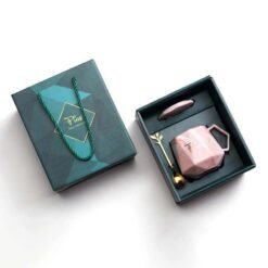 Gift Box With Lid Ceramic Mug With Spoon - Pink And Dark Green Box, 301 400ml
