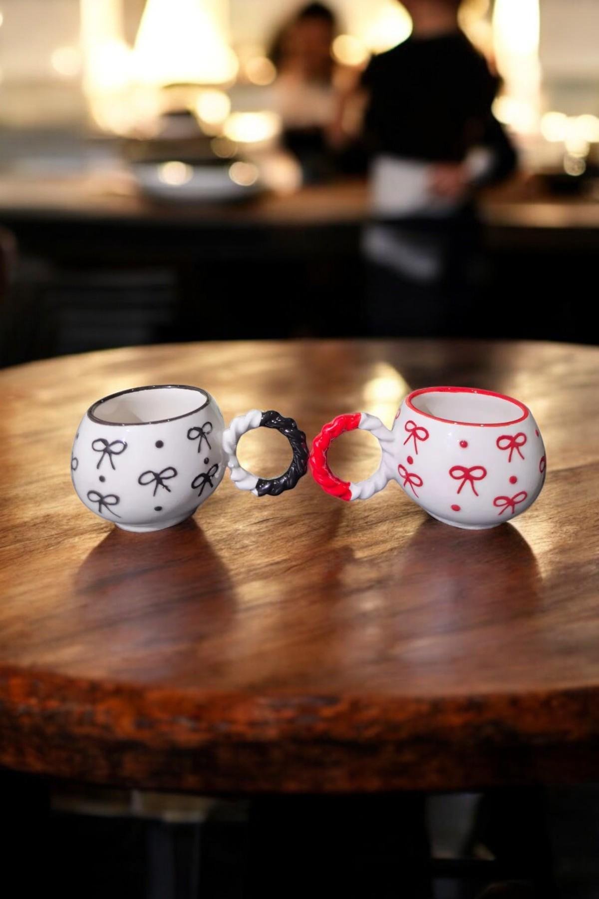 Set Of 2 Ceramic Mugs 145ml For Coffee With Knit Texture - Image 2