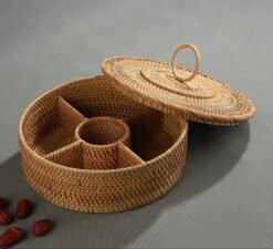 Modern Living Room Rattan Fruit Plate With Multiple Compartments And Lids - Round C
