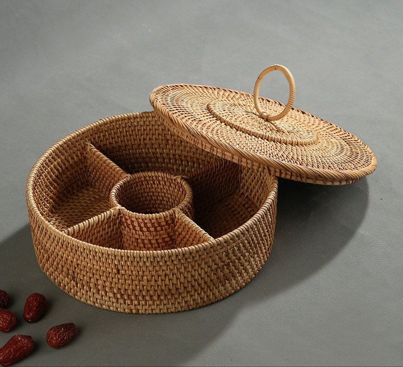 Modern Living Room Rattan Fruit Plate With Multiple Compartments And Lids - Image 2