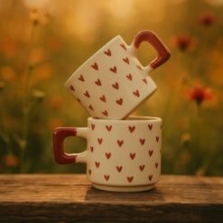 Set Of 2 Handmade Ceramic Mugs With Red Heart Patterns For Valentines Day - Default