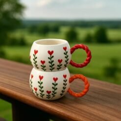Handmade Floral Ceramic Mugs With Bubble Handle Set Of 2 - Default