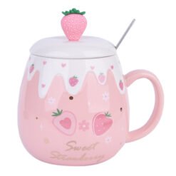 Personalized Mug Ceramic Cup With Lid Spoon - Pink flowers